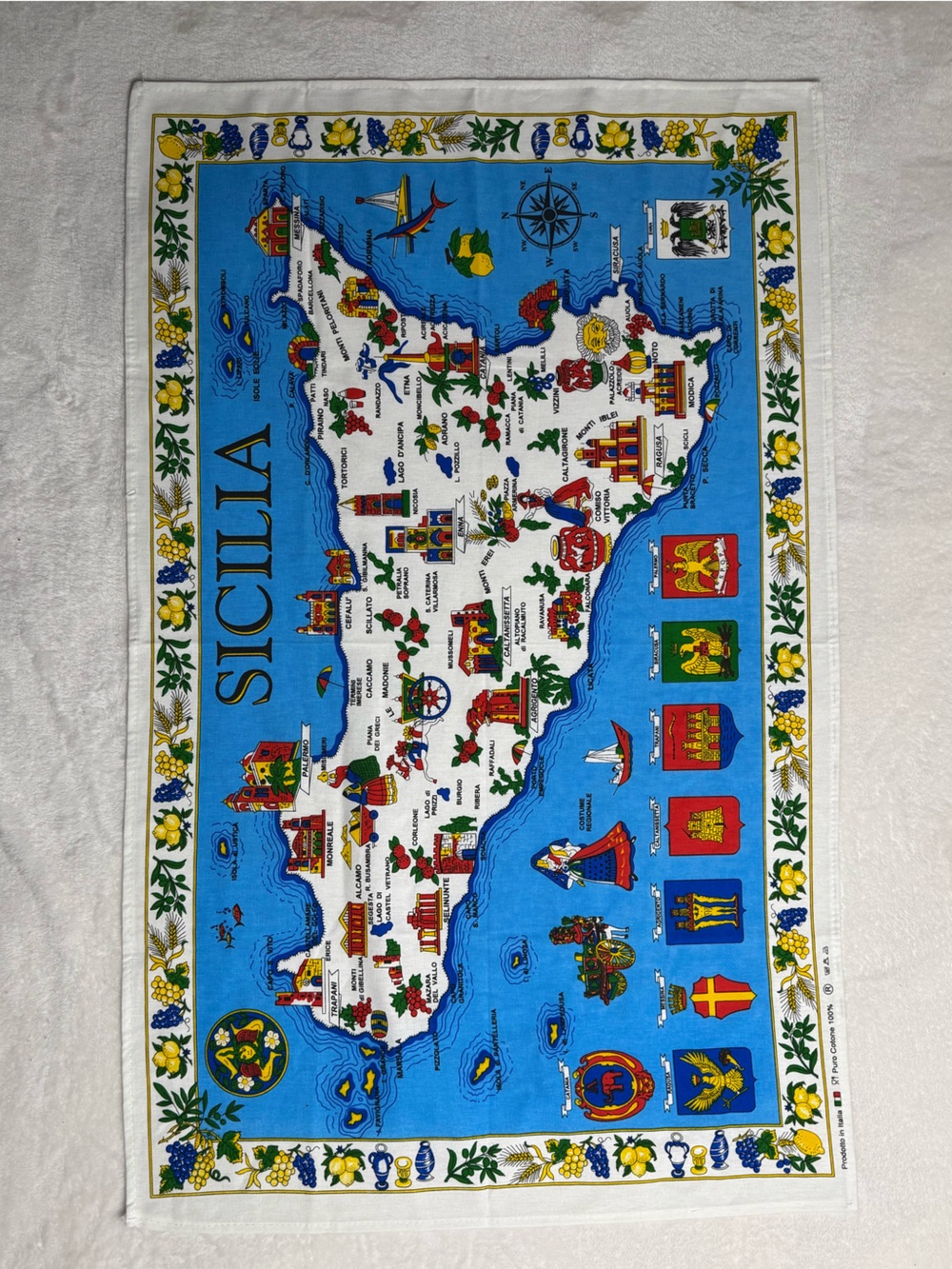 Sicilia Sicily Italy Cotton Tapestry Map Decorative Tea Towel Souvenir Vintage